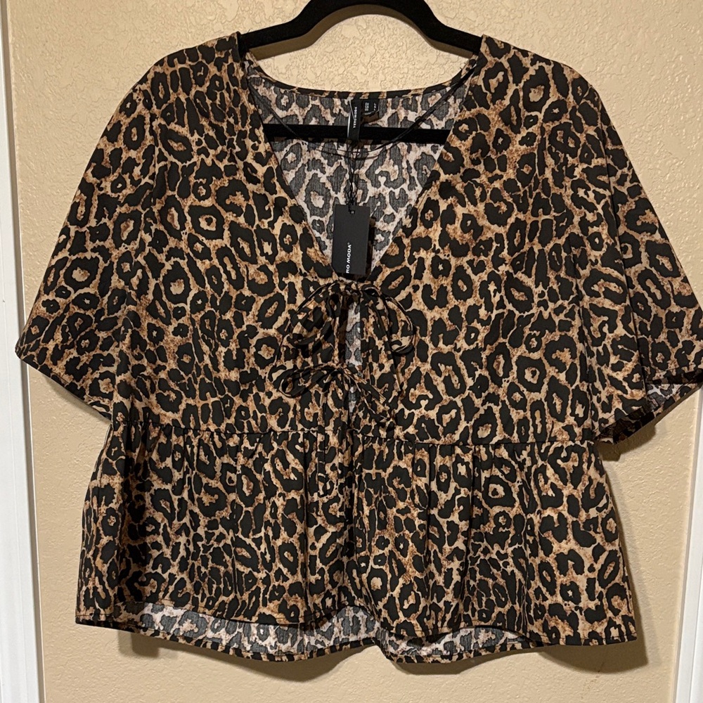 Vero Moda Leopard Print Peplum Tie-Front Top - Brown & Black